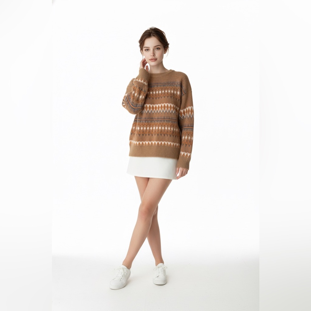 Women’s camel color Aztec southwest mohair look crewneck sweater NEW Large O/S